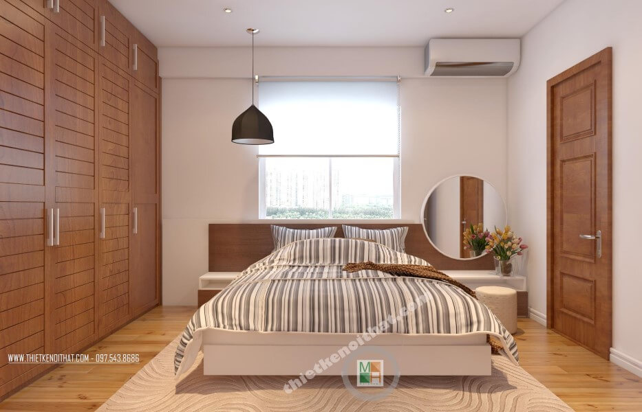 Mẫu thiết kế phòng ngủ chung cư đẹp với đồ nội thất gỗ tự nhiên cao cấp mang đến không gian phòng ngủ sang trọng và tiện nghi Mẫu nội thất chung cư