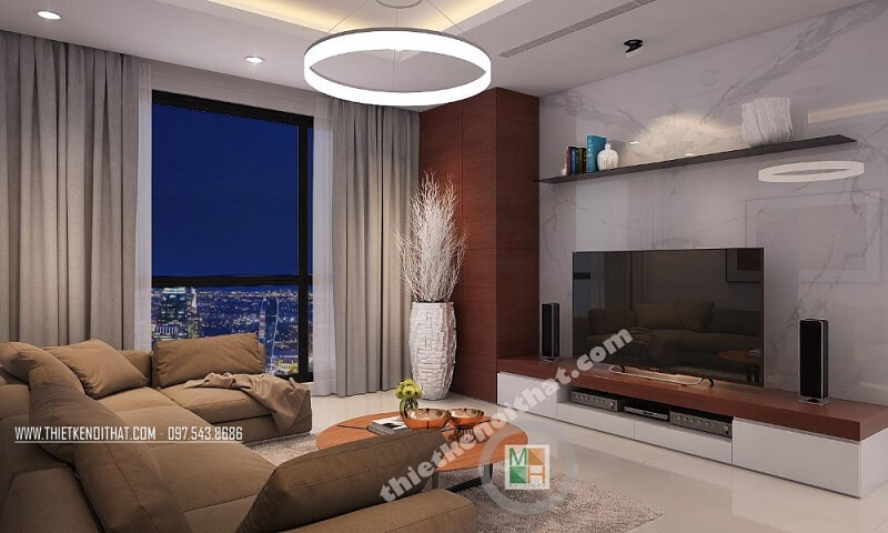 Mẫu thiết kế nội thất chung cư cao cấp theo phong cách hiện đại với màu nền trắng trang nhã mang đến cảm giác gần gũi, ấm cúng Mẫu nội thất chung cư