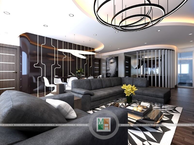 Thiết kế nội thất chung cư cao cấp với bộ sofa da màu đen sang trọng tạo điểm nhấn nổi bật cho phòng khách. Mẫu nội thất chung cư
