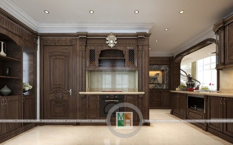 Thiết kế phòng bếp chung cư sang trọng có hệ tủ bếp gỗ tự nhiên nâu trầm với kiểu dáng tinh tế, nghệ thuật mang đến vẻ đẹp sang trọng, đẳng cấp cho căn phòng.