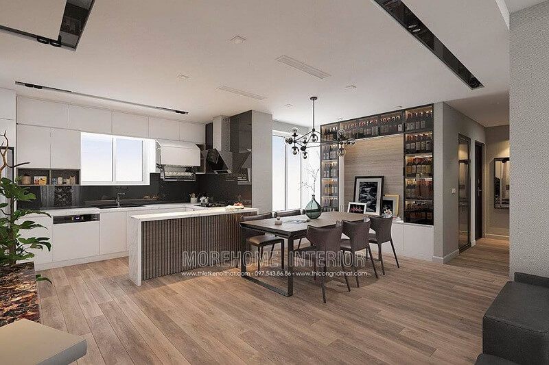 Thiết kế nội thất phòng bếp tiện nghi với hệ tủ bếp acrylic thông minh cùng bộ bàn ăn gỗ tự nhiện cho căn hộ chung cư thêm sang trọng, đẳng cấp