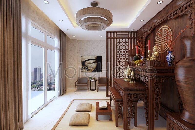 Trang trí chốn linh thiêng bằng nội thất gỗ, vách CNC và đèn thả trần sang trọng