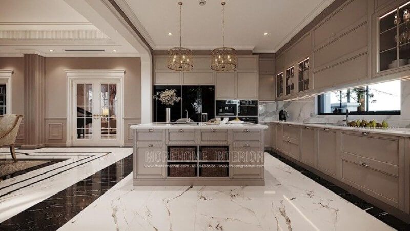 Thiết kế nội thất phòng bếp sang trọng ấn tượng với bộ tủ bếp tân cổ điển cao cấp, quý phái.