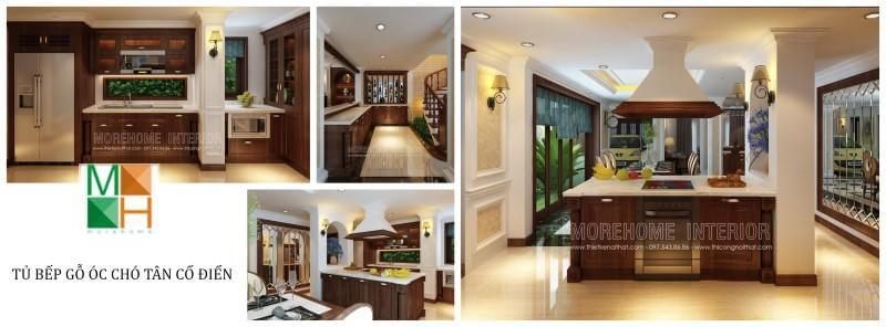 Thiết kế tủ bếp tân cổ điển bằng gỗ óc chó là một sự kết hợp hoàn hảo giữa ý tưởng thiết kế và họa tiết cầu kỳ, tinh tế, sang trọng và phức tạp.
