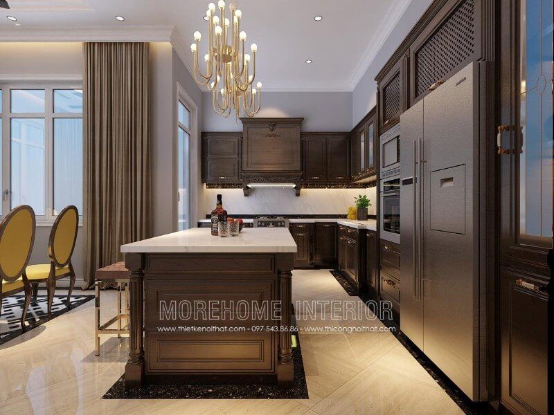 .
Hà Nội có một mẫu thiết kế tủ bếp gỗ óc chó phong cách tân cổ điển với những đường nét hoa văn tinh tế, không quá cầu kỳ nhưng vẫn tạo nên vẻ đẹp nổi bật khác biệt so với cổ điển truyền thống hay hiện đại trẻ trung.