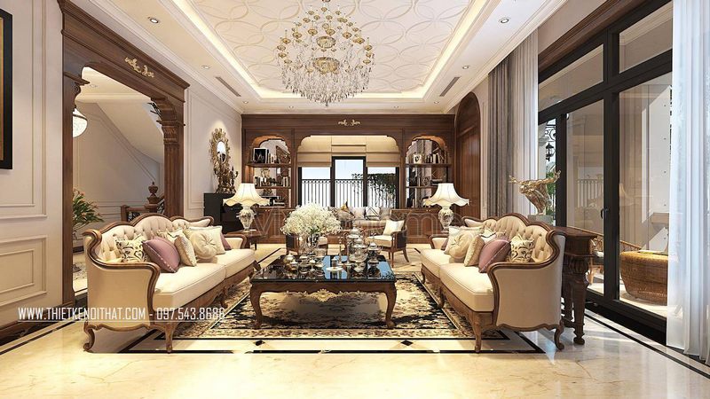 Thiết kế nội thất phòng khách biệt thự với đồ gỗ óc chó cao cấp tại Vinhomes Greenbay Hà Nội