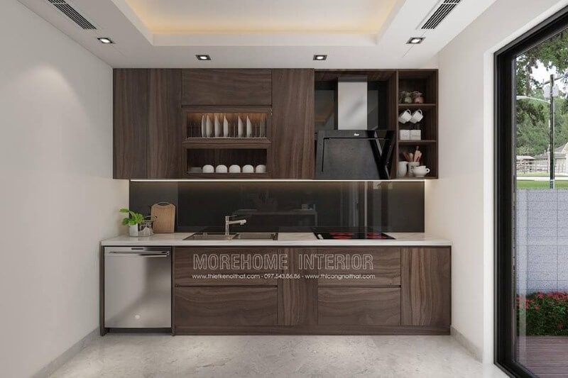Tủ bếp chữ I có máy rửa bát được bố trí khá hợp lý trong không gian bếp hiện đại phù hợp mọi không gian.